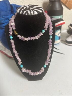 Handmade Lavender Chip Necklace with Turquoise Accent - Women Jewelry